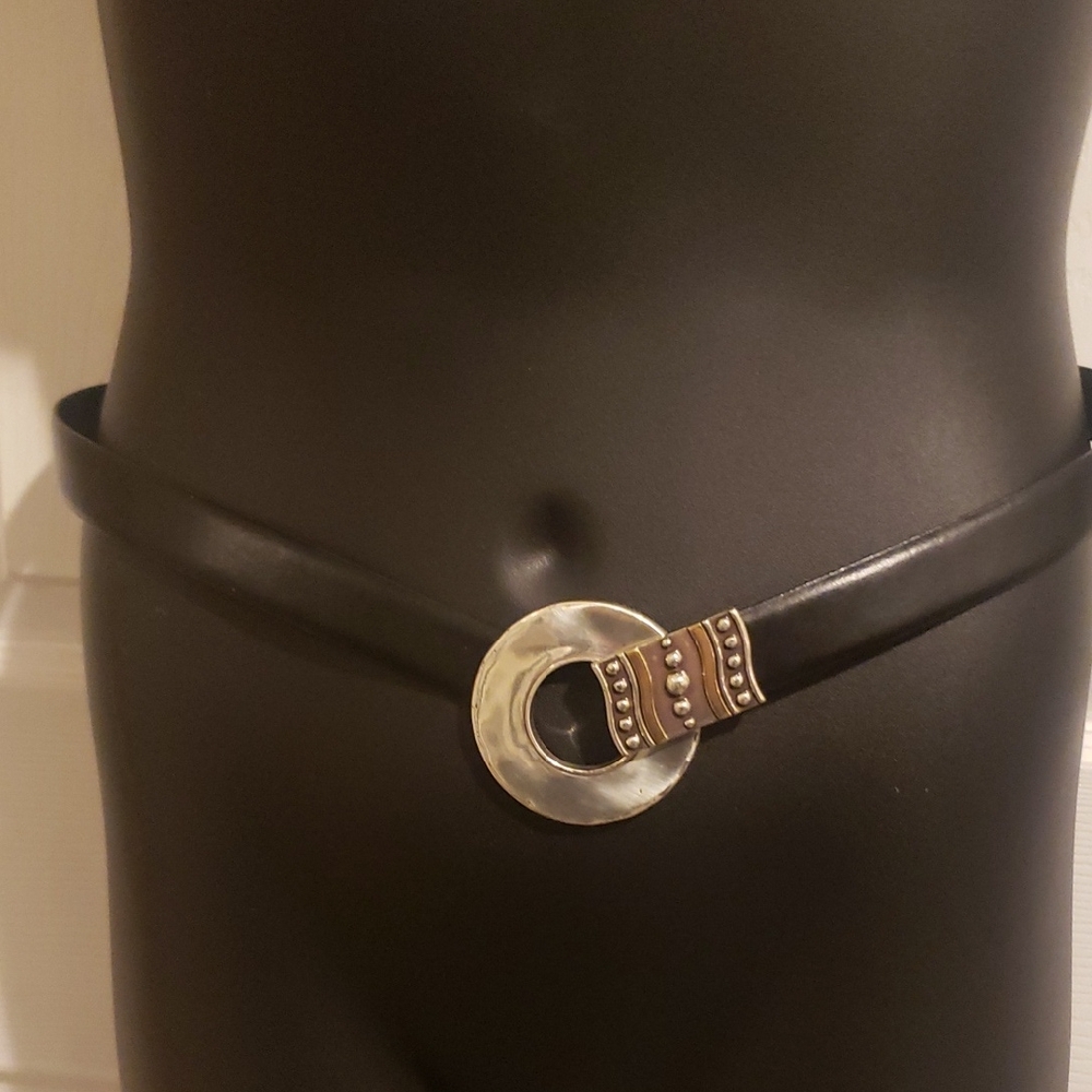 Chico's Black Adjustable Belt with Silver Circle Buckle